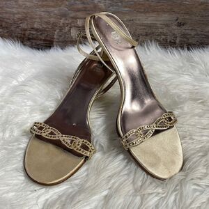 BP Ladies Dress Low Heel Dress Shoes, Size 6 1/2M, Goldtone with Rhinestones